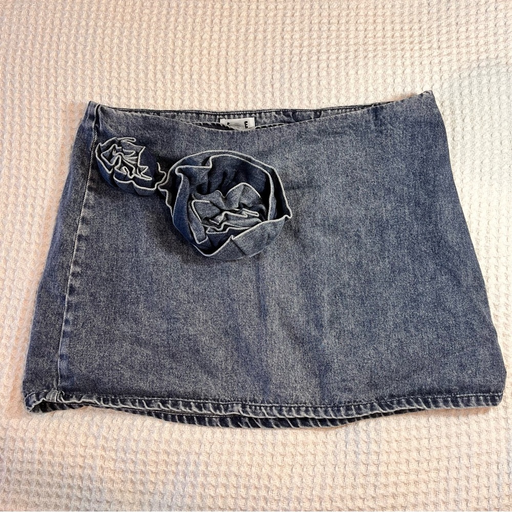 Women's Denim Mini Skirt with Rosette Detail - Blue